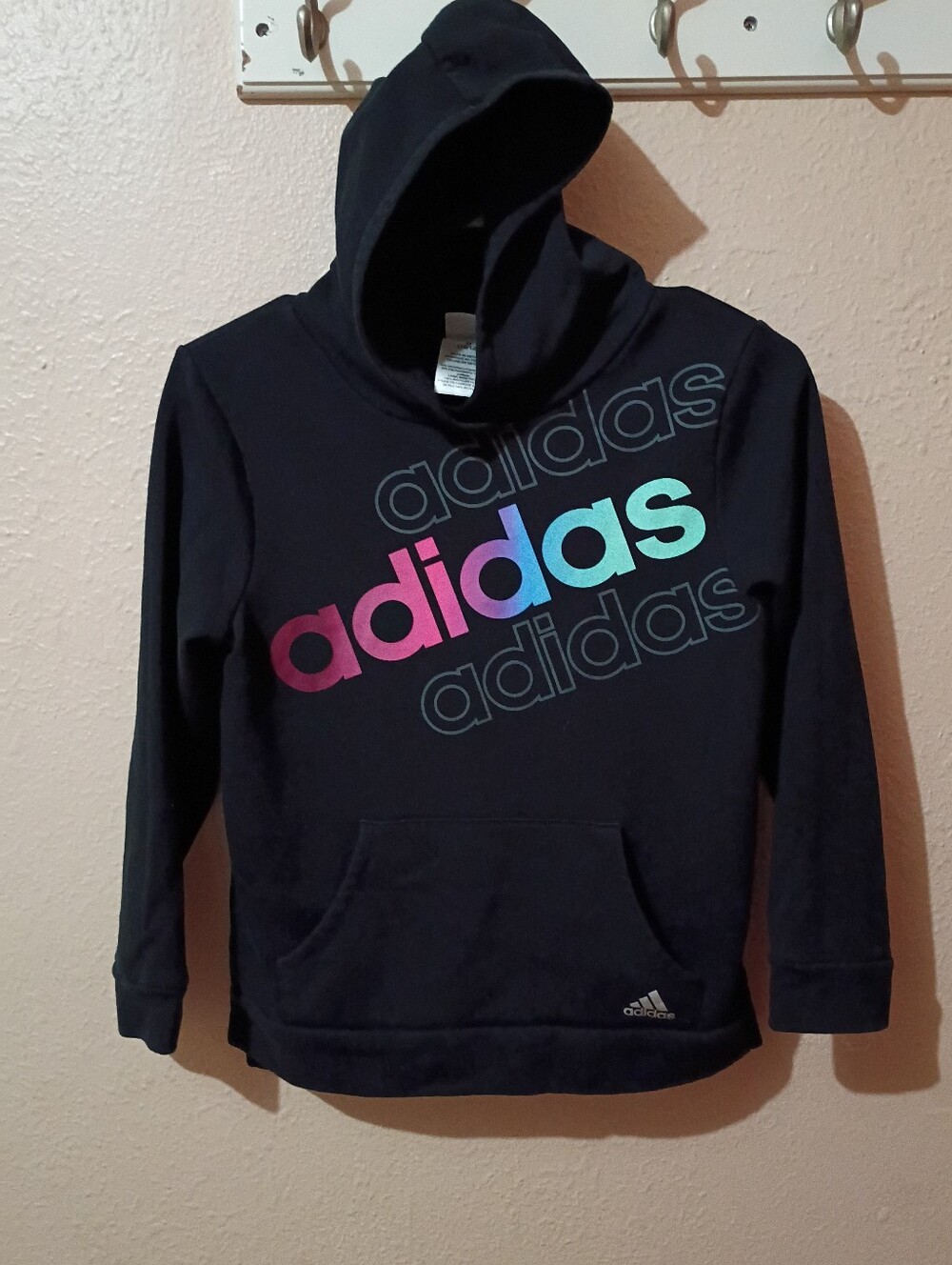 Girls Adidas Size Medium Black Hoodie with Pink-to-Teal Gradient Logo